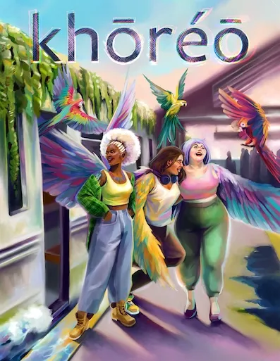 Cover of Khoreo Issue 2.1 where Phoenix Tile was first published. Cover image is of three women with feathered wings coming from their back or arms, laughing as birds circle around them.