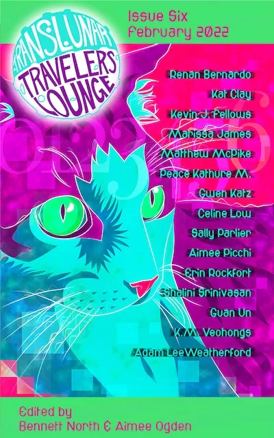 Cover of Translunar Travelers Lounge, Issue 6. A large stylized cat in purple and green faces right towards the list of contributor&#x27;s names.